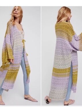 Free People Two-Tone Knit Cardigan in Olive Green and Lavender